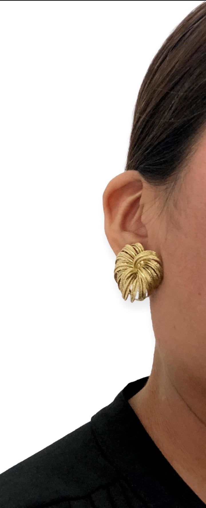 Vintage 18K Yellow Gold Large Omega Clip Earrings Palm Leaf Motif  Circa 1950's