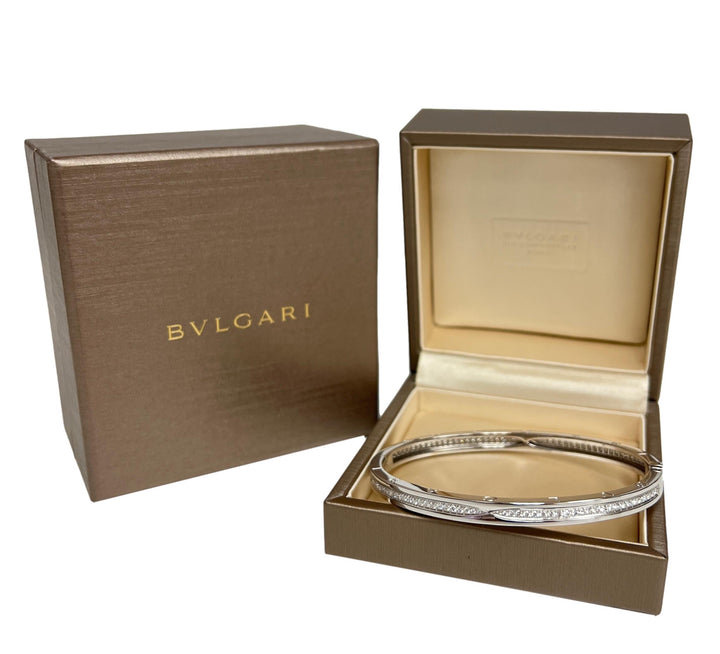 Bulgari B-Zero1 18K White Gold Round Pave Diamond Bangle Bracelet Large Size