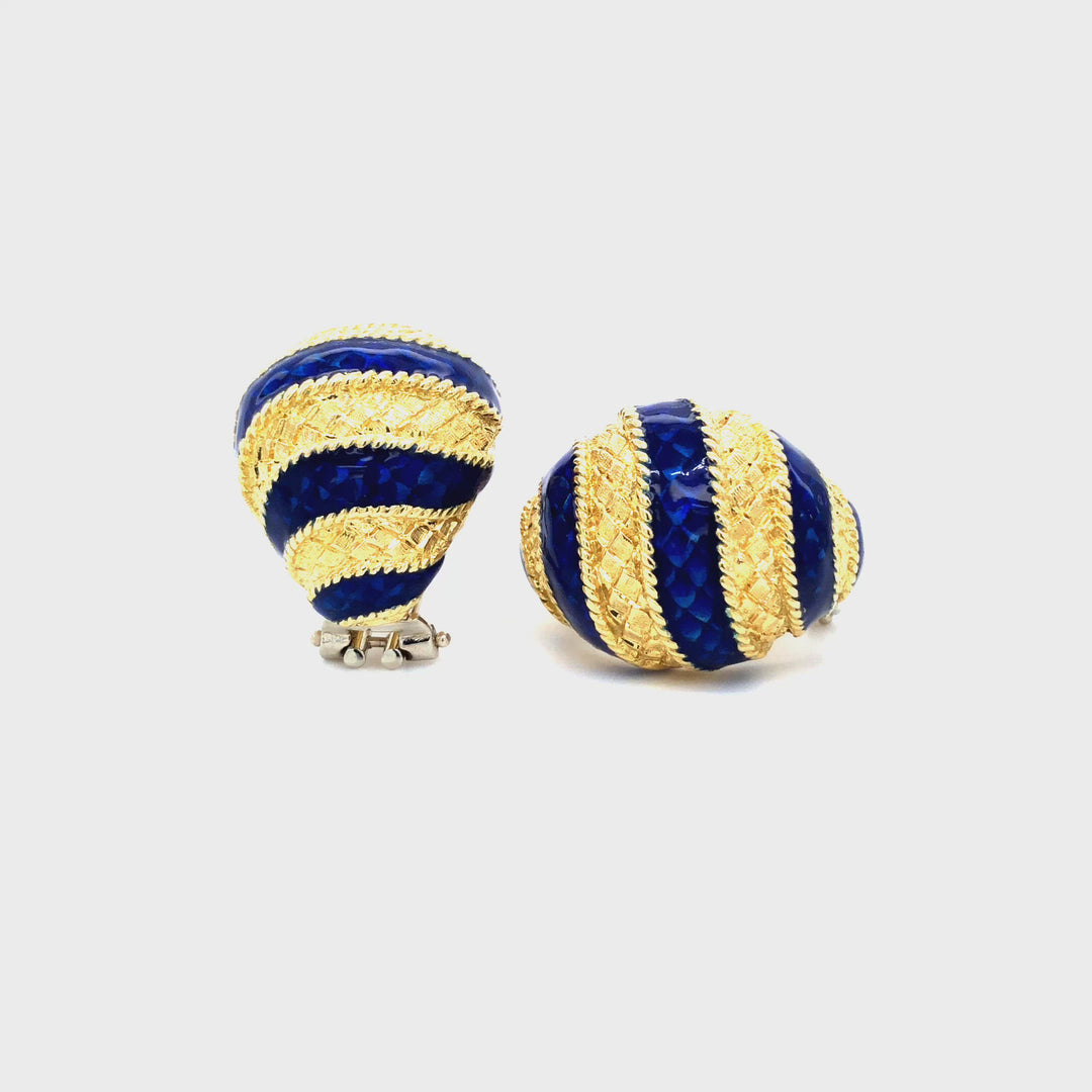 Vintage 18K Yellow Gold Blue Enamel Chunky Clip Earrings, Circa 1980