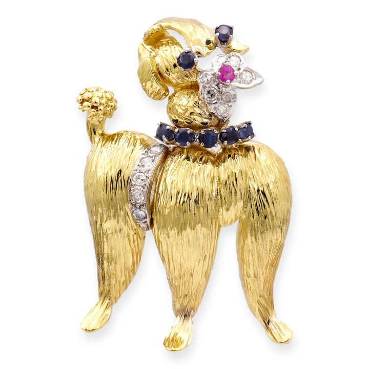 Vintage 18K Yellow Gold Diamond and Sapphire Poodle Brooch/Pin