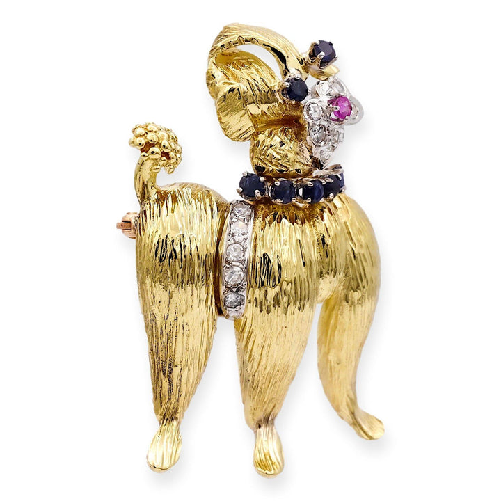 Vintage 18K Yellow Gold Diamond and Sapphire Poodle Brooch/Pin