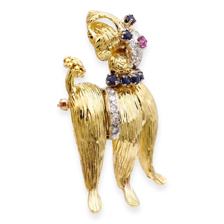 Vintage 18K Yellow Gold Diamond and Sapphire Poodle Brooch/Pin