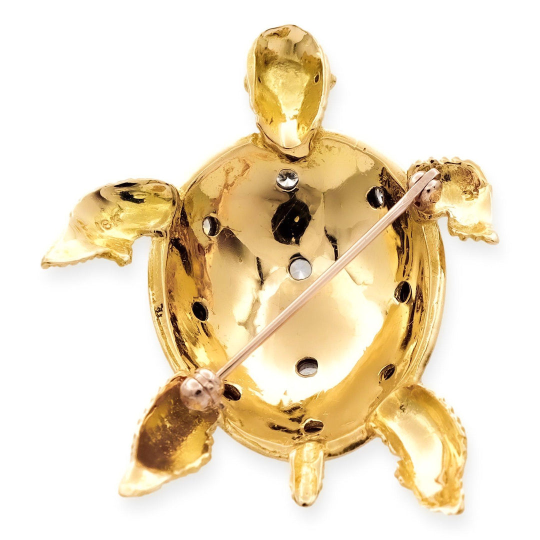 Vintage 18K Yellow Gold Diamond Green Enamel Turtle Brooch